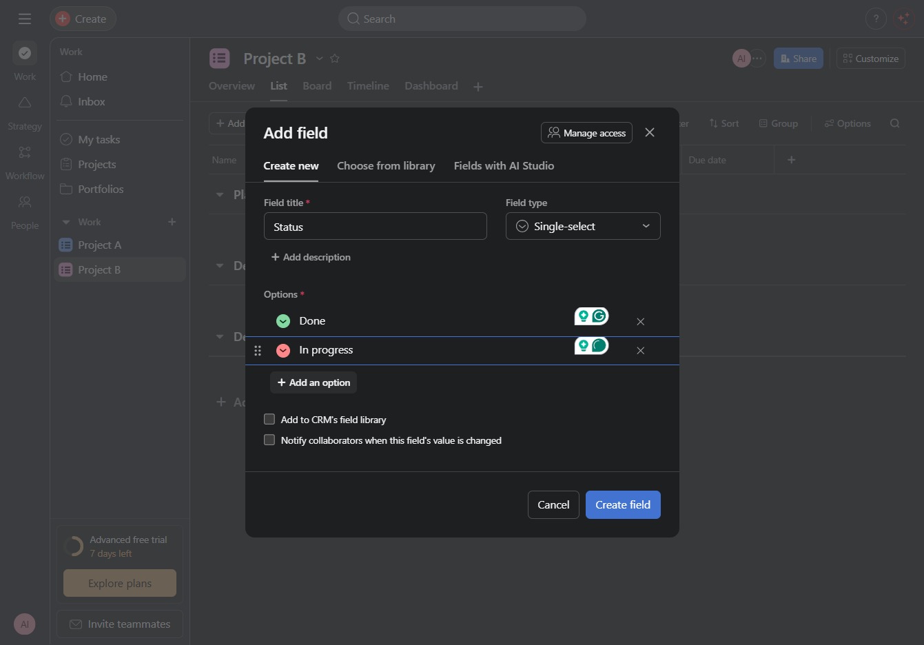 Type 'In progress' in Option Name