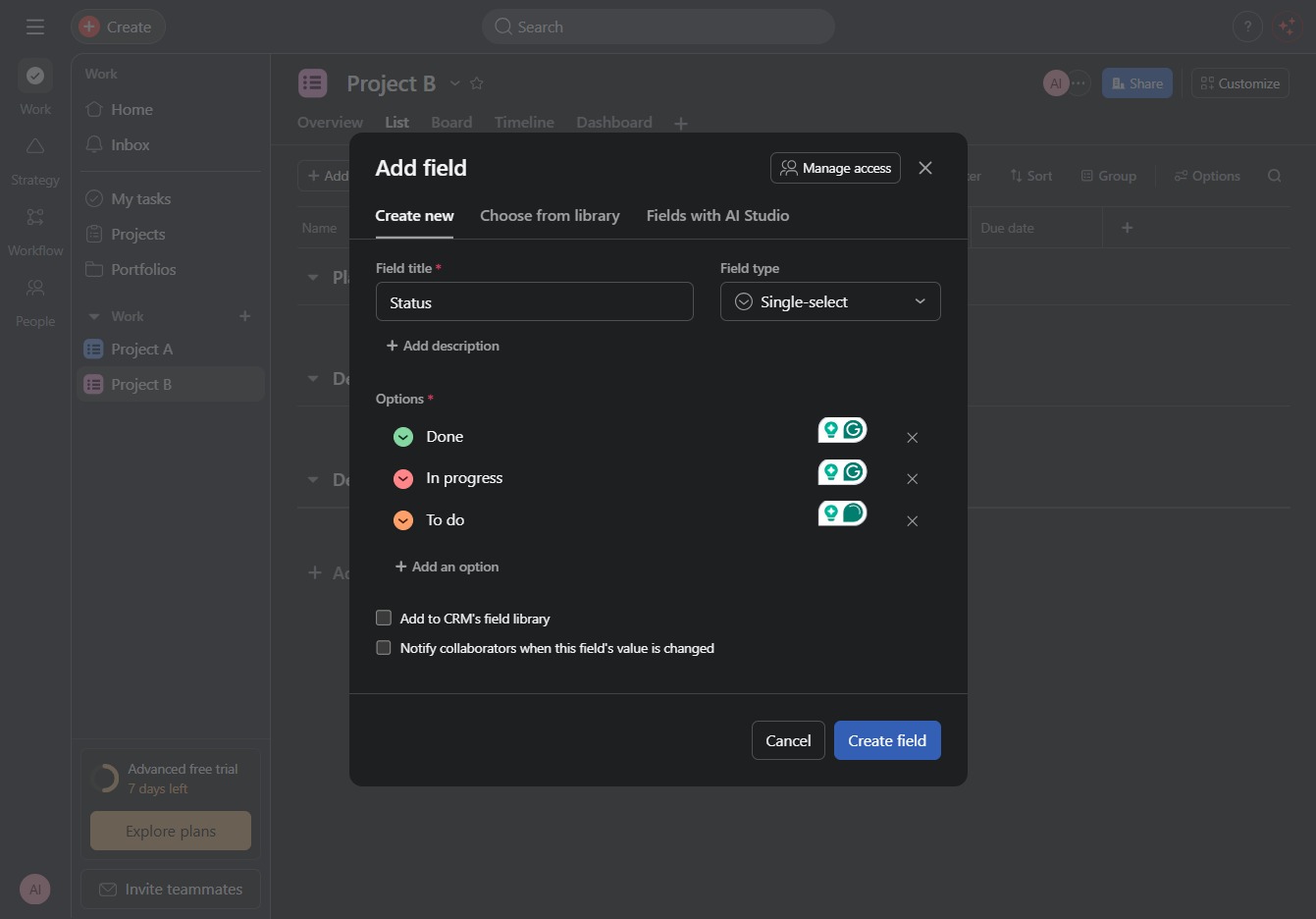 Click the Create field button