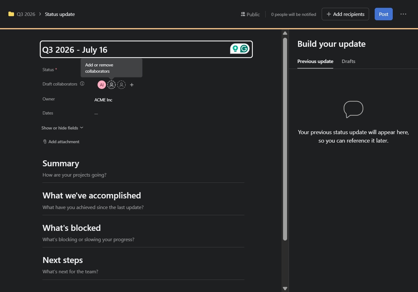 Type the date in the status update field