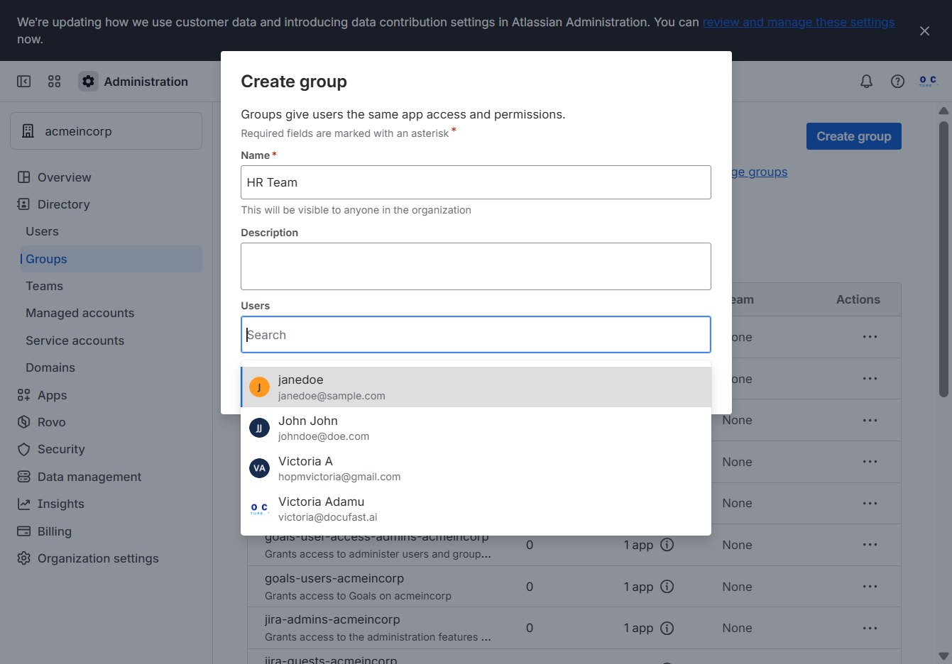 Click the 'janedoe' user option