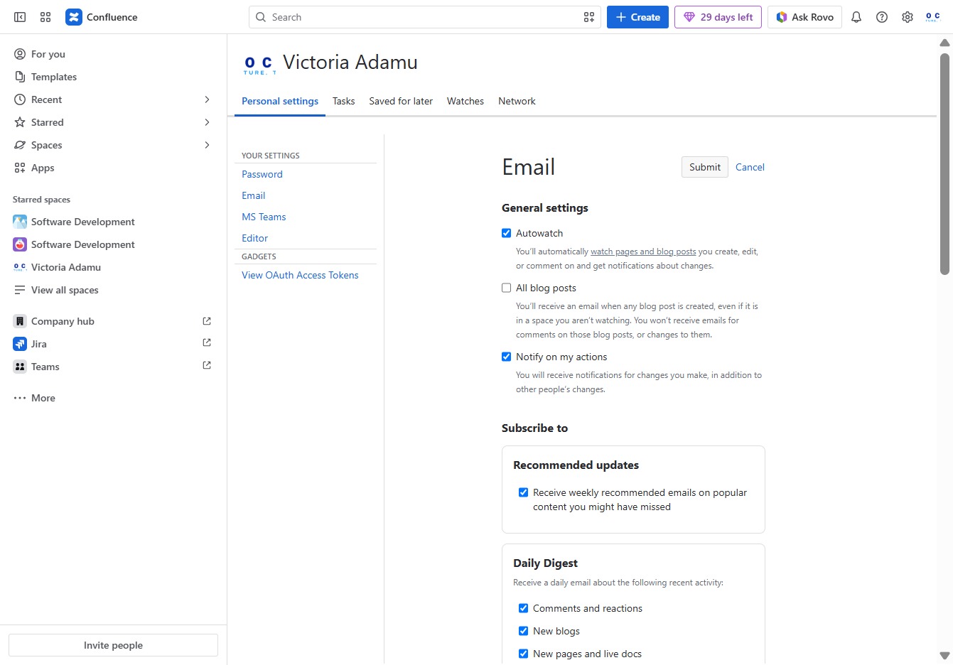 Click here to access email settings