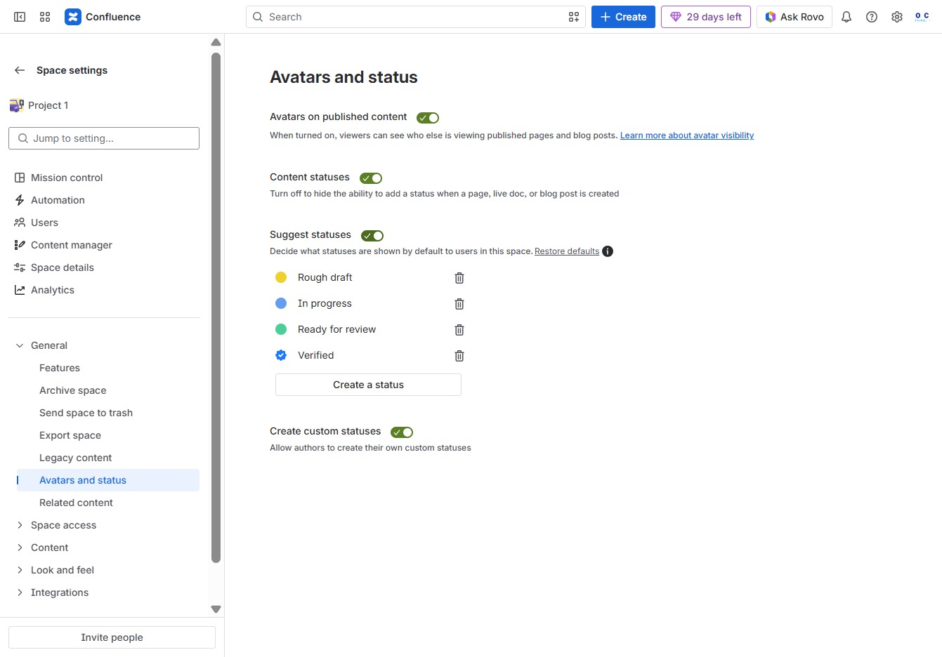 Click the Create a status link