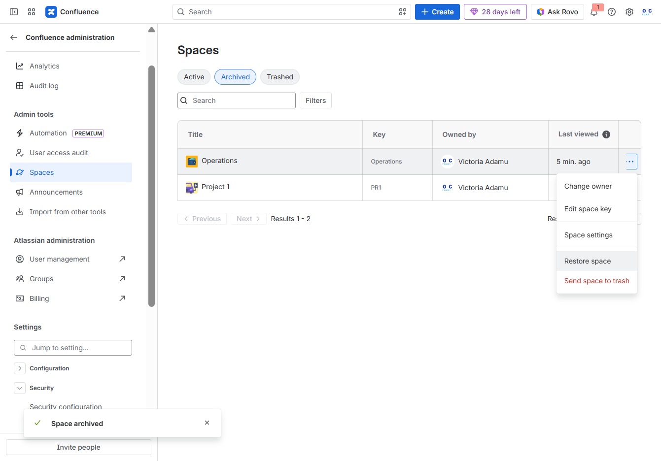 Click the Restore space option