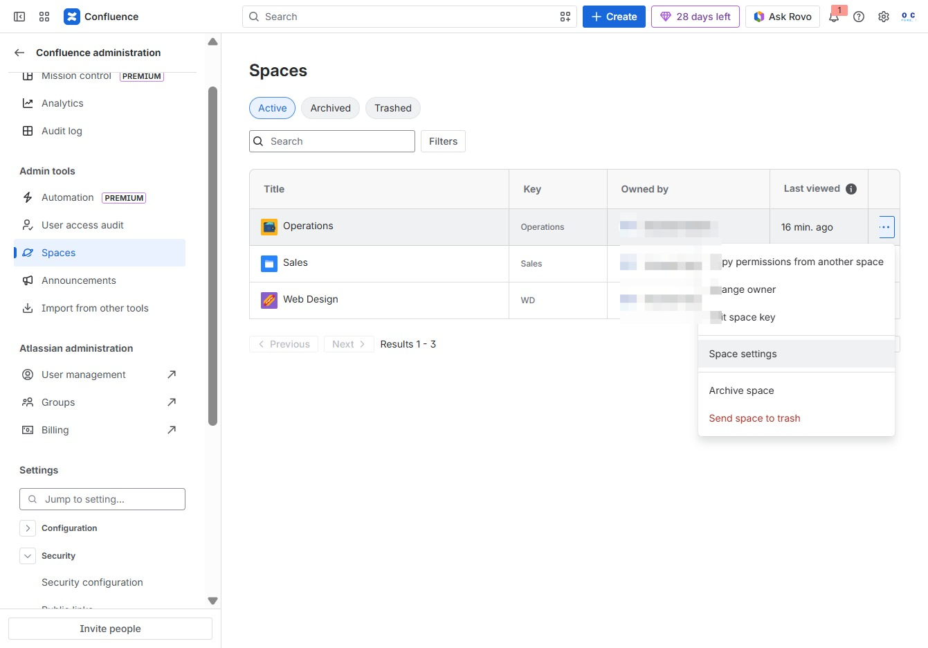 Click the Space settings option