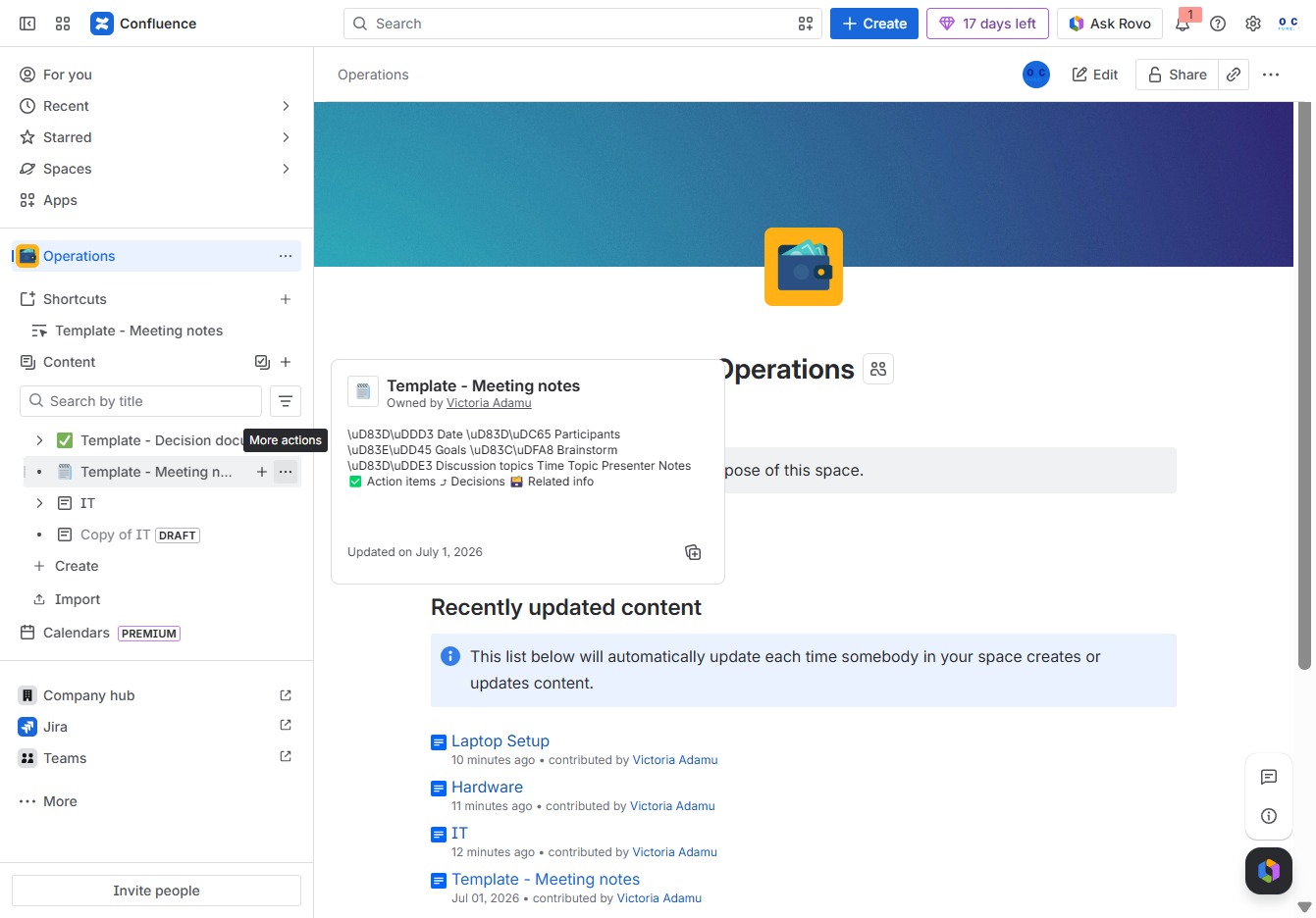 Click More actions for Meeting Notes template