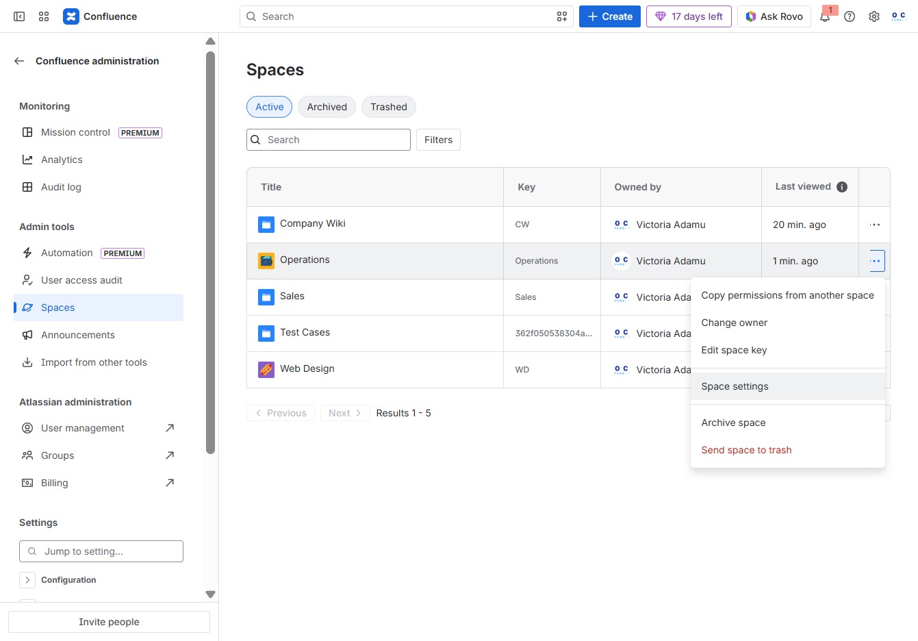 Click the Space settings option