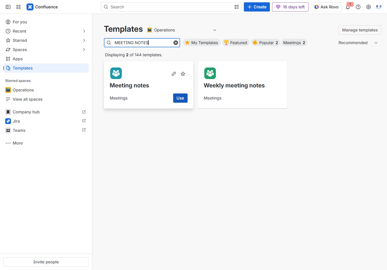 Type 'MEETING NOTES' in the Search field