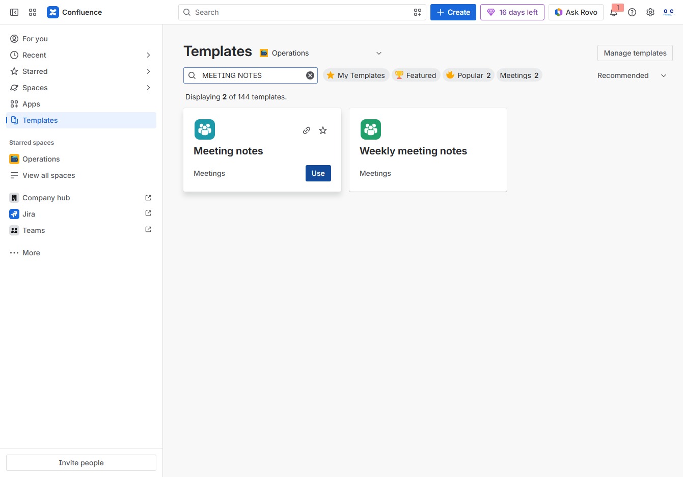 Click the Use button for Meeting notes