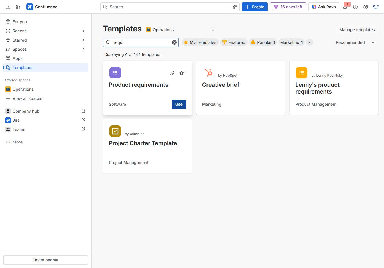 Click the Use button for Product requirements