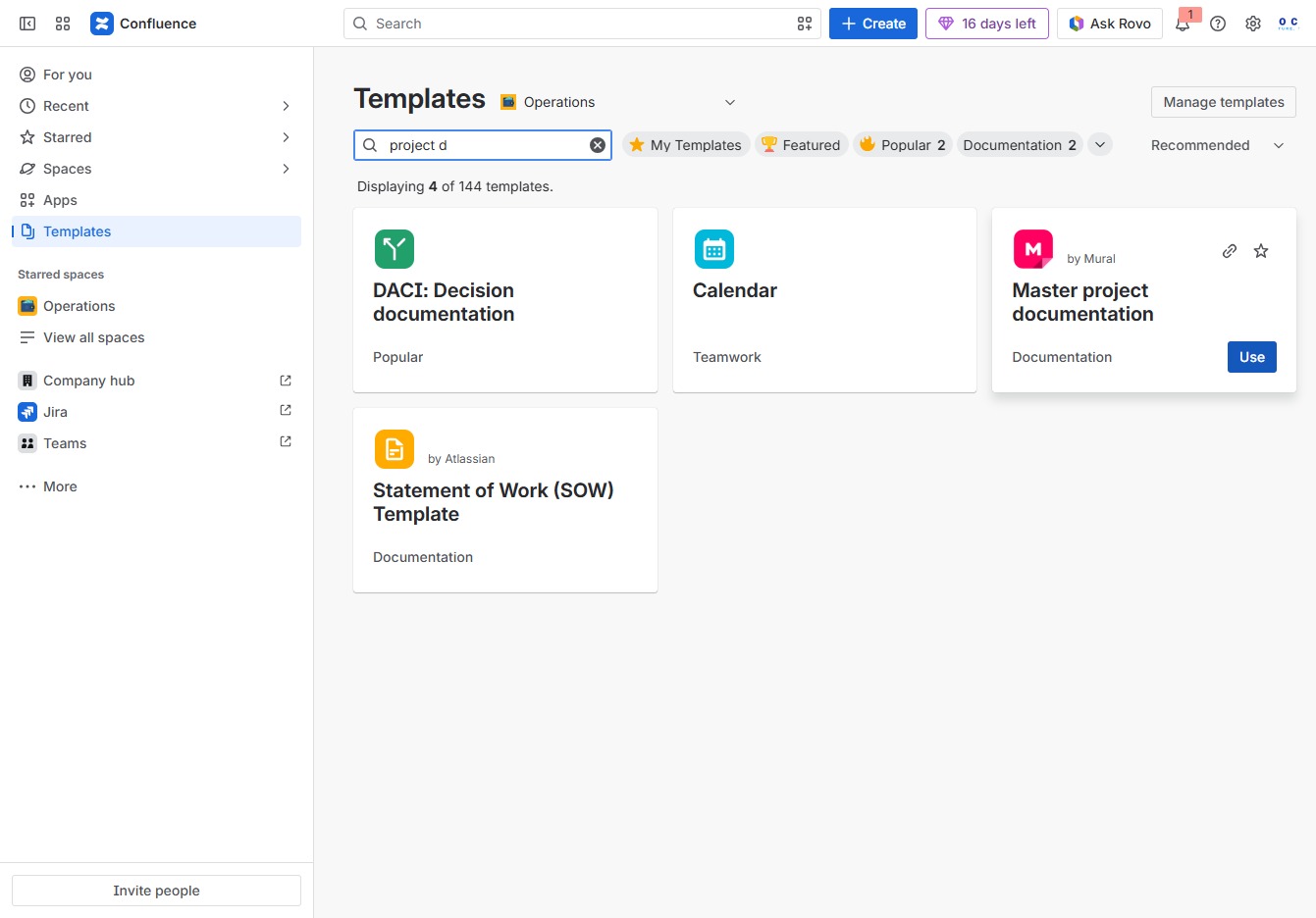 Click the Use button for Master project documentation