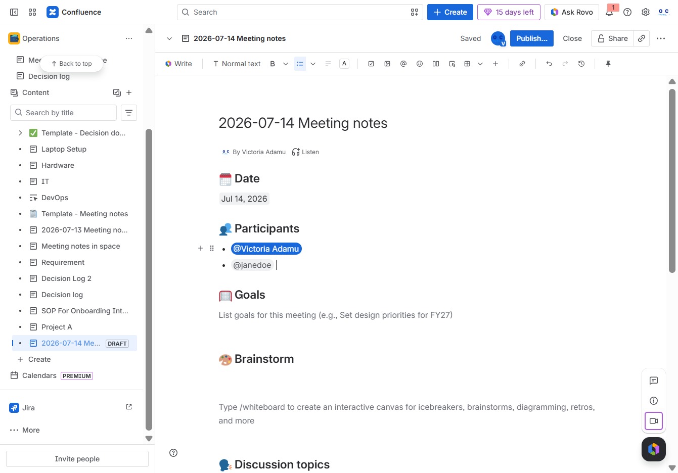 Type meeting details in the Ak editor
