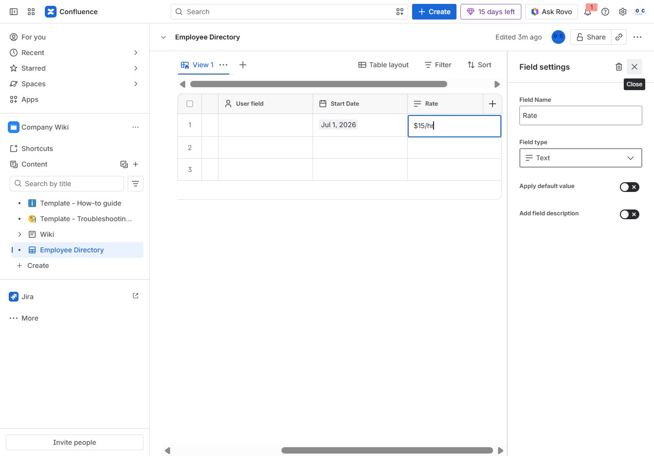 Type the hourly rate in the Rate field