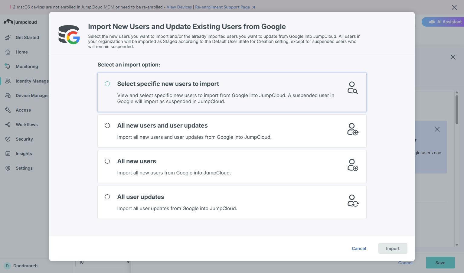 Select Specific New Users to Import
