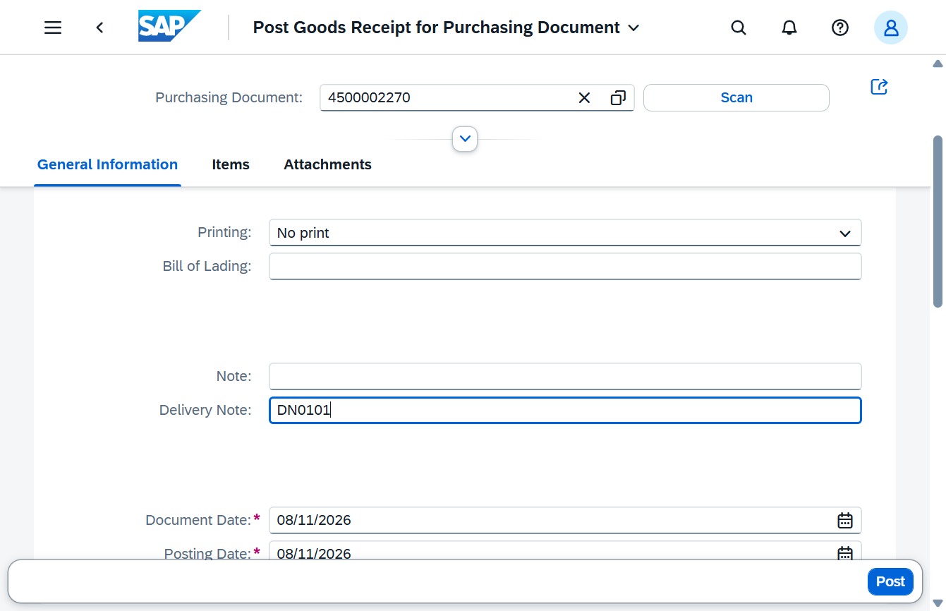 Type the Delivery Note Number