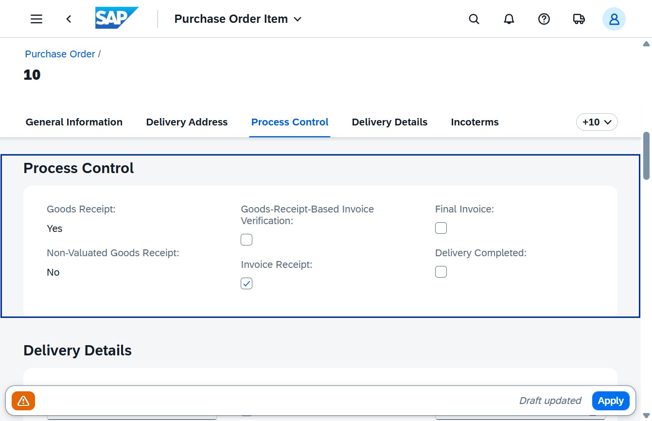 Click the Yes option for Goods Receipt